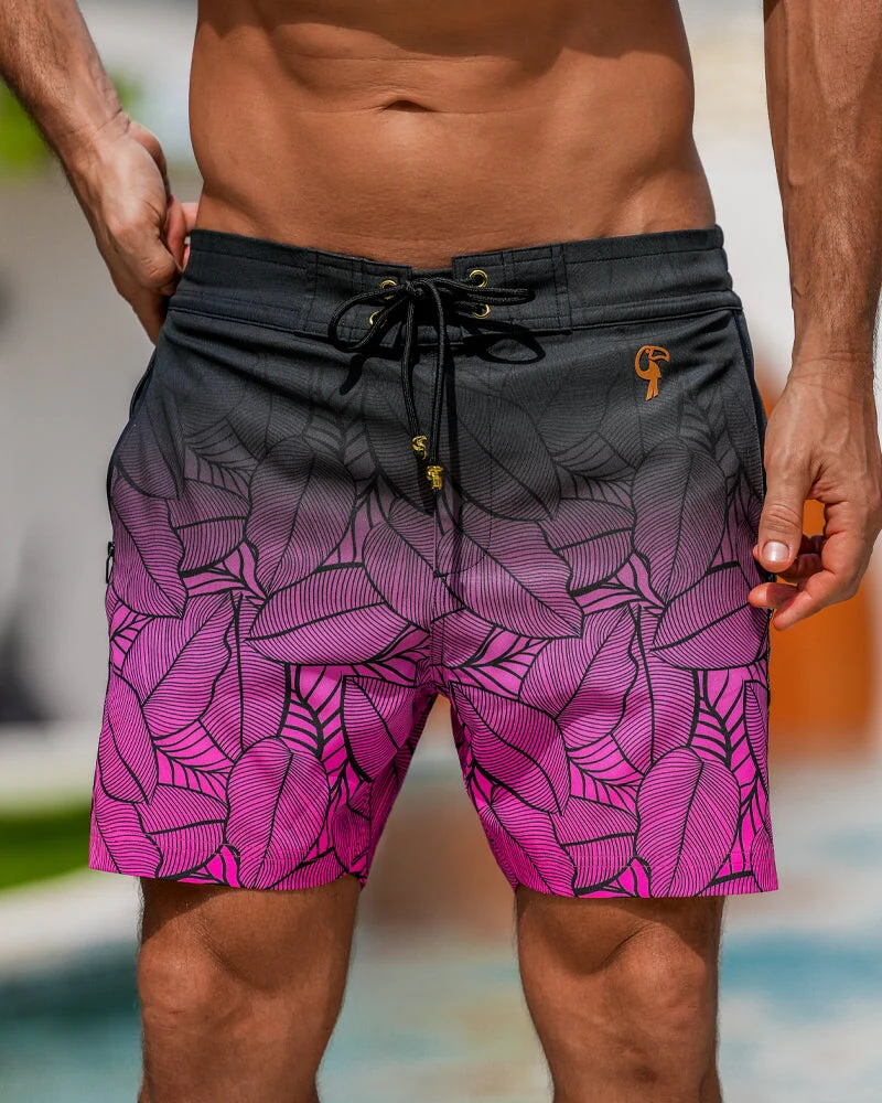 Black Leaf Magenta Swim Trunks - 5"