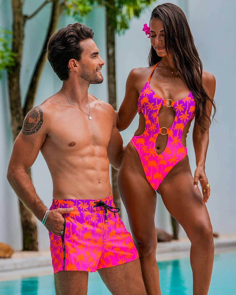 Cut Out One Piece Bikini-Faded Palm-Crimson - Image 6
