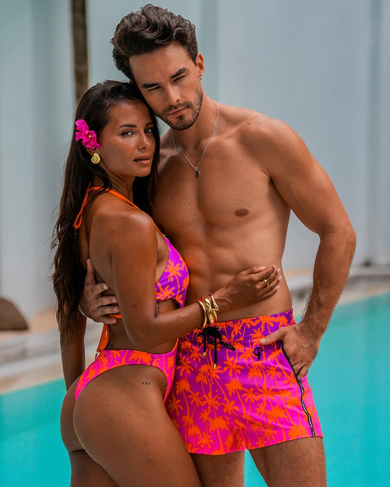Cut Out One Piece Bikini-Faded Palm-Crimson - Image 2